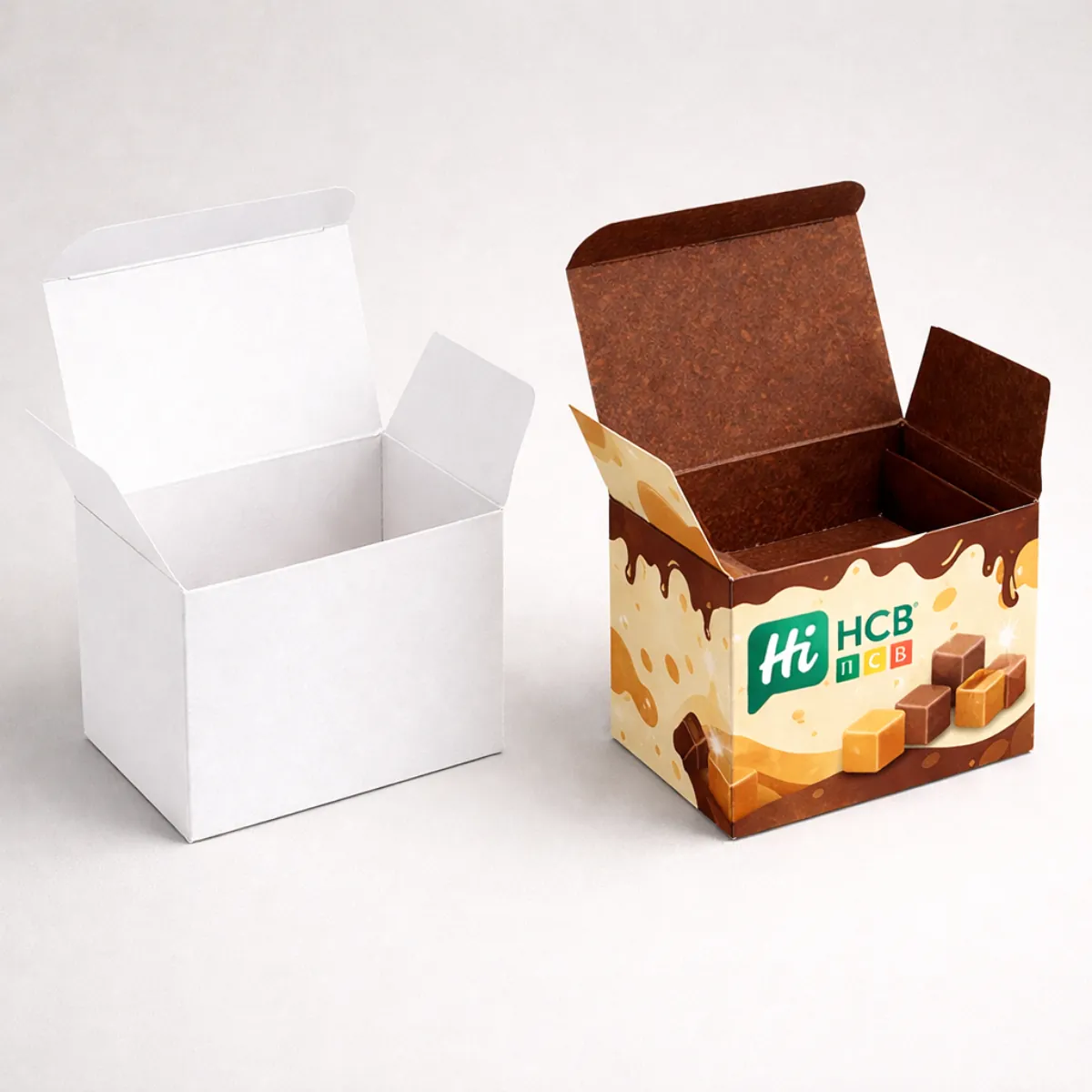 Bespoke fudge boxes featuring custom printed brand logos and vibrant patterns for a professional look- class=